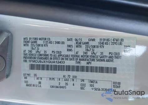 2016 Ford Escape Titanium z USA, uszkodzony, nr VIN 1FMCU9JX1GUA12433